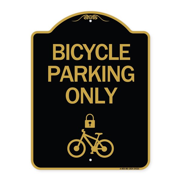 Bicycle Parking W/ Cycle and Lock, Black & Gold Aluminum Sign, 18" x 24", BG-1824-24321